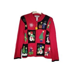 Tiara International Embroidered Beaded Ugly Christmas Sweater Women XL Red Snow